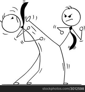 Cartoon of Two Businessmen Kung Fu or Karate Fighting. Cartoon stick man drawing conceptual illustration of two businessmen kung fu or karate fighting. Business concept of competition and rivalry.