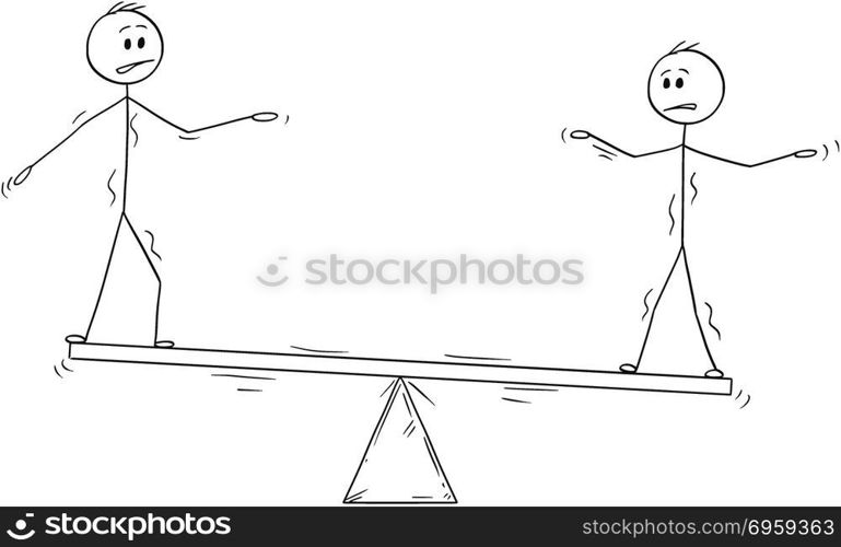 Cartoon of Two Businessmen Standing on Seesaw and Trying to Balance. Concept of Teamwork.. Cartoon stick man drawing conceptual illustration of two businessmen standing on seesaw trying to balance. Business concept of teamwork and individuality effort.