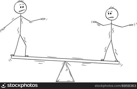 Cartoon of Two Businessmen Standing on Seesaw and Trying to Balance. Concept of Teamwork.. Cartoon stick man drawing conceptual illustration of two businessmen standing on seesaw trying to balance. Business concept of teamwork and individuality effort.