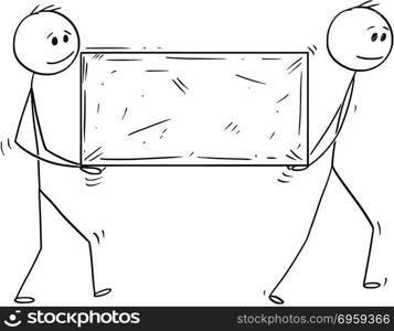 Cartoon of Two Man or Businessmen Carrying Big Stone Block. Cartoon stick man drawing conceptual illustration of two businessmen carrying big stone block. Business concept of teamwork.