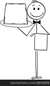 Cartoon of Waiter Holding Tray With Empty or Blank Sign. Cartoon stick man drawing conceptual illustration of waiter holding tray with empty or blank sign.
