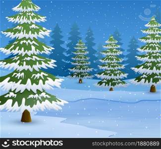 Cartoon of Winter landscape with snowy ground and fir trees