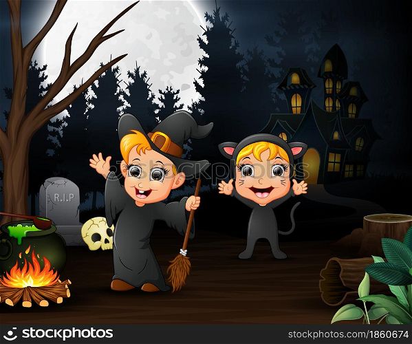 Cartoon of witch and cat outdoors in the night