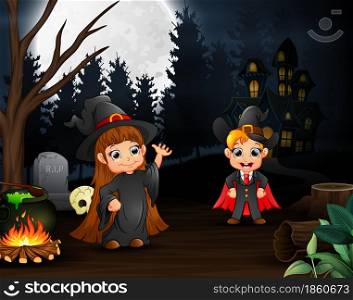 Cartoon of witch and vampire outdoors in the night