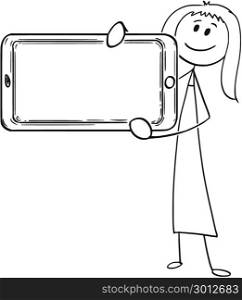Cartoon of Woman or Businesswoman Holding Large Mobile Phone as Empty or Blank Sign. Cartoon stick man drawing conceptual illustration of woman or businesswoman holding large mobile phone in front of him as empty or blank sign.
