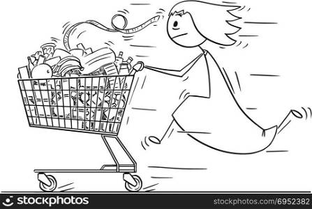 Cartoon of Woman or Businesswoman Running and Pushing Shopping Cart Full of Goods. Cartoon stick man drawing conceptual illustration of woman or businesswoman running and pushing shopping cart full of goods. Concept of stress and time pressure.
