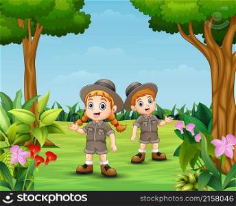 Cartoon of zookeeper boy and girl in the garden