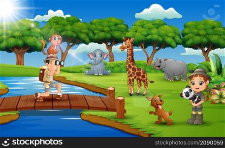 Cartoon of Zookeeper boy and girl with animal in the jungle