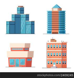 Cartoon office city buildings, modern skyscrapers, towers and houses with apartments. Business town architecture, urban outdoor exterior. Downtown home facade, real estate vector set. Cartoon office city buildings, modern skyscrapers, towers and houses with apartments. Business town architecture