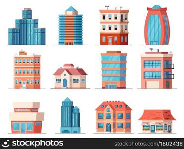 Cartoon office city buildings, skyscraper and downtown apartment house. Real estate, business tower, shop and cafe building. Town vector set of building office, cityscape urban downtown. Cartoon office city buildings, skyscraper and downtown apartment house. Real estate, business tower, shop and cafe building. Town vector set