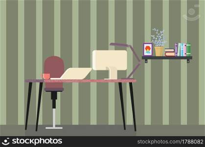 Cartoon office desk with laptop and monitor, work from home concept.
