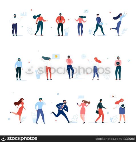 Cartoon Office People Character Community Flat Set. Multiracial Men and Women in Action with Different Gestures and Emotions. Business Lifestyle. Vector Businessmen and Business Ladies Illustration. Cartoon Office People Character Community Flat Set