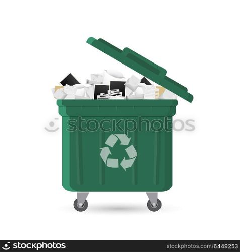 Cartoon office trash recycle bin for garbage. Bin for papers. Vector illustration