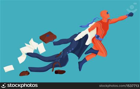 Cartoon office worker take off suit flying go to dream become superhero vector graphic illustration. Business man in super hero cape isolated. Concept of career growth, achievement and boost. Cartoon office worker take off suit flying go to dream become superhero vector illustration