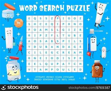 Cartoon ointment, medication and tablets characters, vector word search puzzle game worksheet. Kids quiz grid, education game with smiling pill bottle, spray, capsule and plaster, cream tube,&oule. Cartoon medication characters, word search puzzle