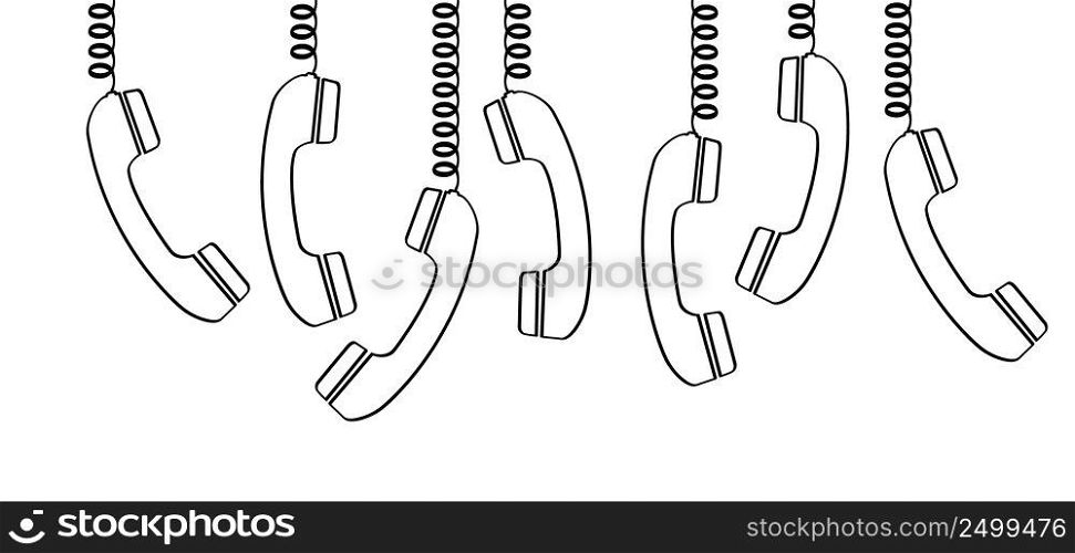 Cartoon old black handset with wire. Retro telephone receivers connected. Hand set phone sign. Phone conversation, call us or contact us concept. Telephone icon. Phone number