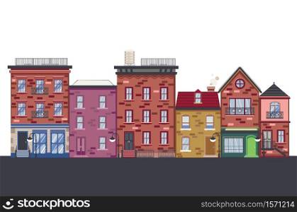 Cartoon old brick houses of retro town design.