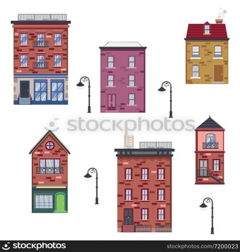 Cartoon old brick houses of retro town design.
