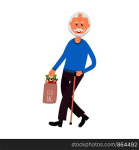Cartoon old elegant man with an eco shopping bag isolated on white background. Cartoon old elegant man with an eco shopping bag