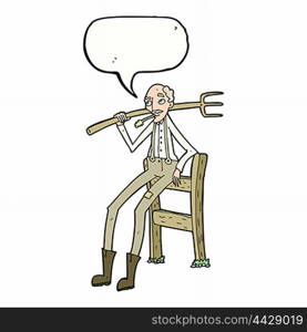 cartoon old farmer leaning on fence with speech bubble