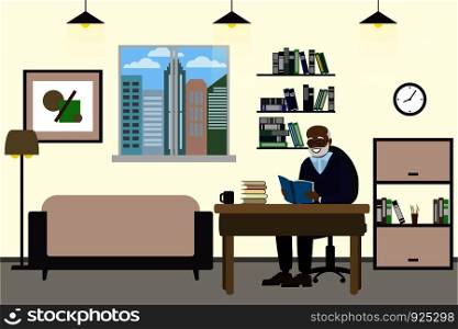 Cartoon old man at home,grandfather read book, interior design with furniture,flat vector illustration. Cartoon old man at home,grandfather read book