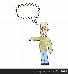 cartoon old man gesturing Get Out! with speech bubble