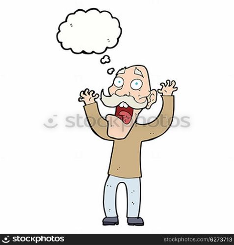 cartoon old man getting a fright with thought bubble