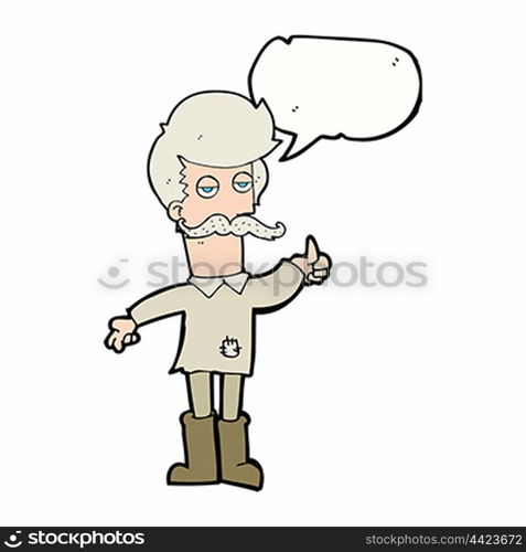 cartoon old man in poor clothes with speech bubble