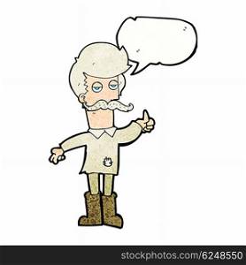 cartoon old man in poor clothes with speech bubble