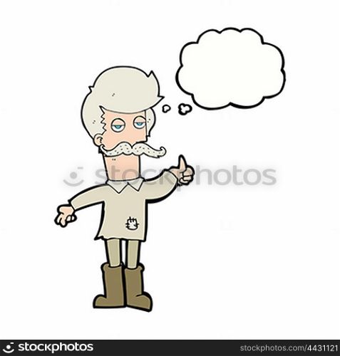 cartoon old man in poor clothes with thought bubble