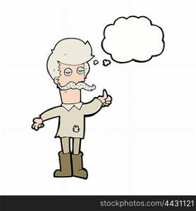 cartoon old man in poor clothes with thought bubble