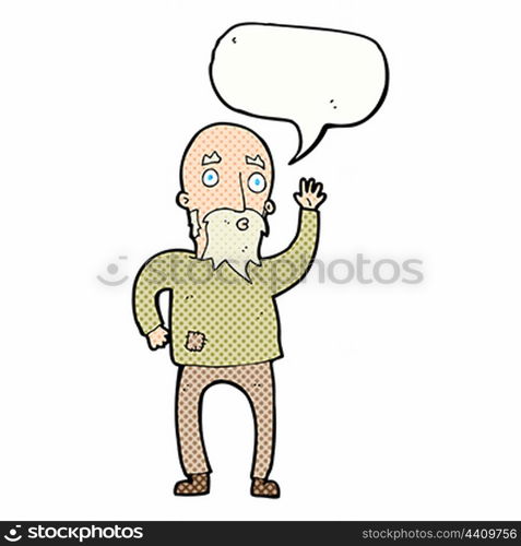 cartoon old man waving with speech bubble