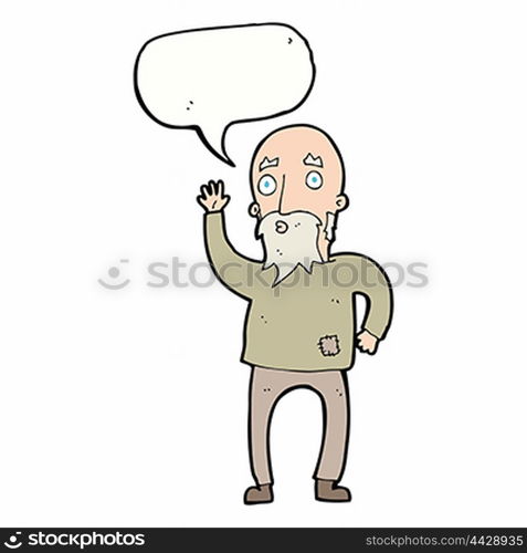 cartoon old man waving with speech bubble