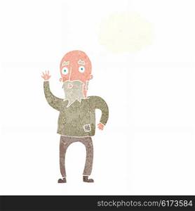 cartoon old man waving with thought bubble