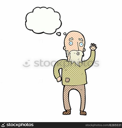 cartoon old man waving with thought bubble