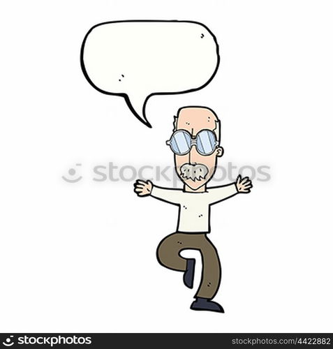 cartoon old man wearing big glasses with speech bubble