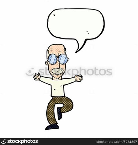 cartoon old man wearing big glasses with speech bubble
