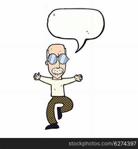 cartoon old man wearing big glasses with speech bubble