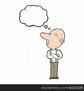 cartoon old man with folded arms with thought bubble