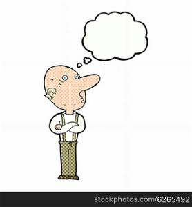 cartoon old man with folded arms with thought bubble