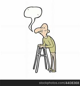 cartoon old man with walking frame with speech bubble