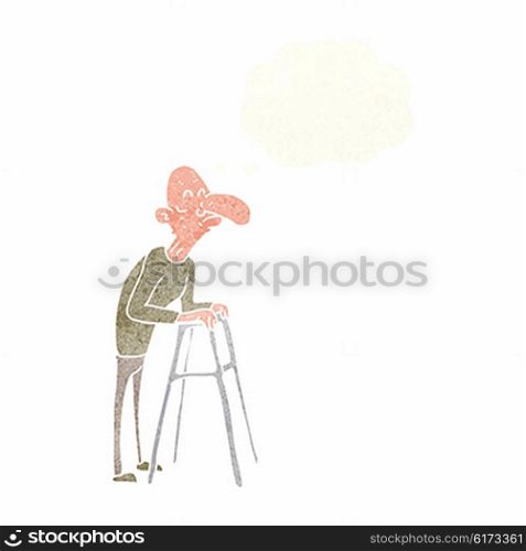cartoon old man with walking frame with thought bubble