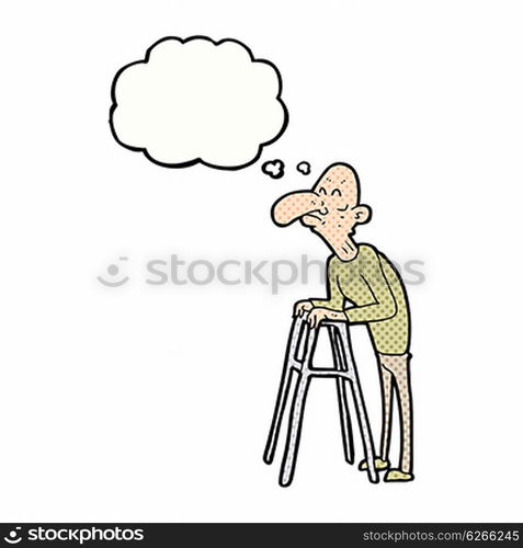 cartoon old man with walking frame with thought bubble