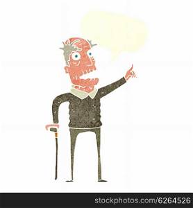 cartoon old man with walking stick with speech bubble