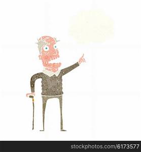 cartoon old man with walking stick with thought bubble