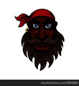 Cartoon old pirate wearing red bandanna with lush beard, mustache and scar on cheek. Marine sailor, piracy adventure or children book design usage. Cartoon bearded old pirate with red bandanna