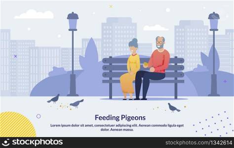 Cartoon Old Senior Couple Character Sitting on Bench in City Urban Park Feeding Pigeons Birds with Breadcrumbs Poster. Happy Smiling Mature Family. Grey-Haired People Rest. Vector Flat Illustration. Cartoon Old Senior Couple Feeding Pigeons Poster