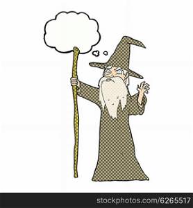 cartoon old wizard with thought bubble