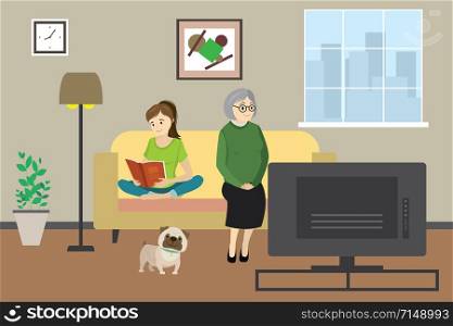 Cartoon old woman or grandmother at home watching tv with dog and teenager read book,domestic interior with furniture,flat vector illustration. grandmother at home watching tv with dog and teenager read book