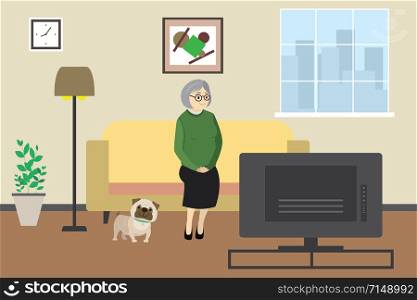 Cartoon old woman or grandmother at home watching tv with dog,domestic interior with furniture,flat vector illustration. Cartoon old or grandmother woman at home watching tv with dog